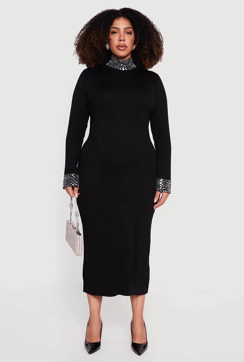 Womens Plus Size Almost Famous Rhinestone Trim Sweater Dress, Black, Size 3X