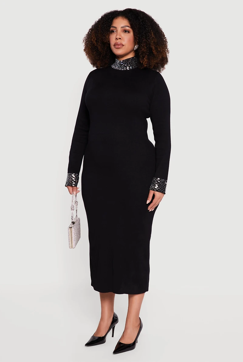 Womens Plus Size Almost Famous Rhinestone Trim Sweater Dress, Black, Size 3X