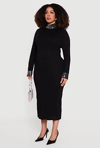 Womens Plus Size Almost Famous Rhinestone Trim Sweater Dress, Black, Size 3X