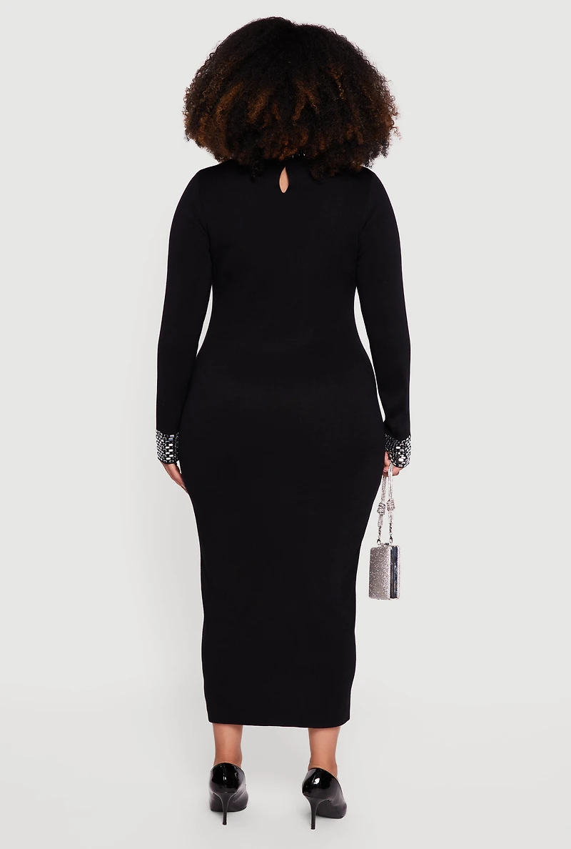 Womens Plus Size Almost Famous Rhinestone Trim Sweater Dress, Black, Size 3X