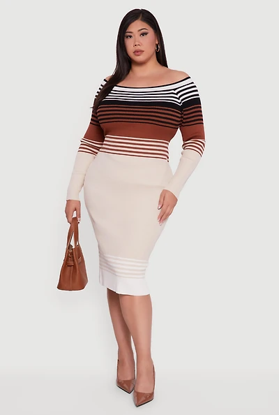 Womens Plus Size Striped Off the Shoulder Midi Sweater Dress, Multi, Size 3X