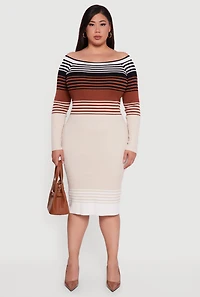 Womens Plus Striped Off the Shoulder Midi Sweater Dress, Multi,