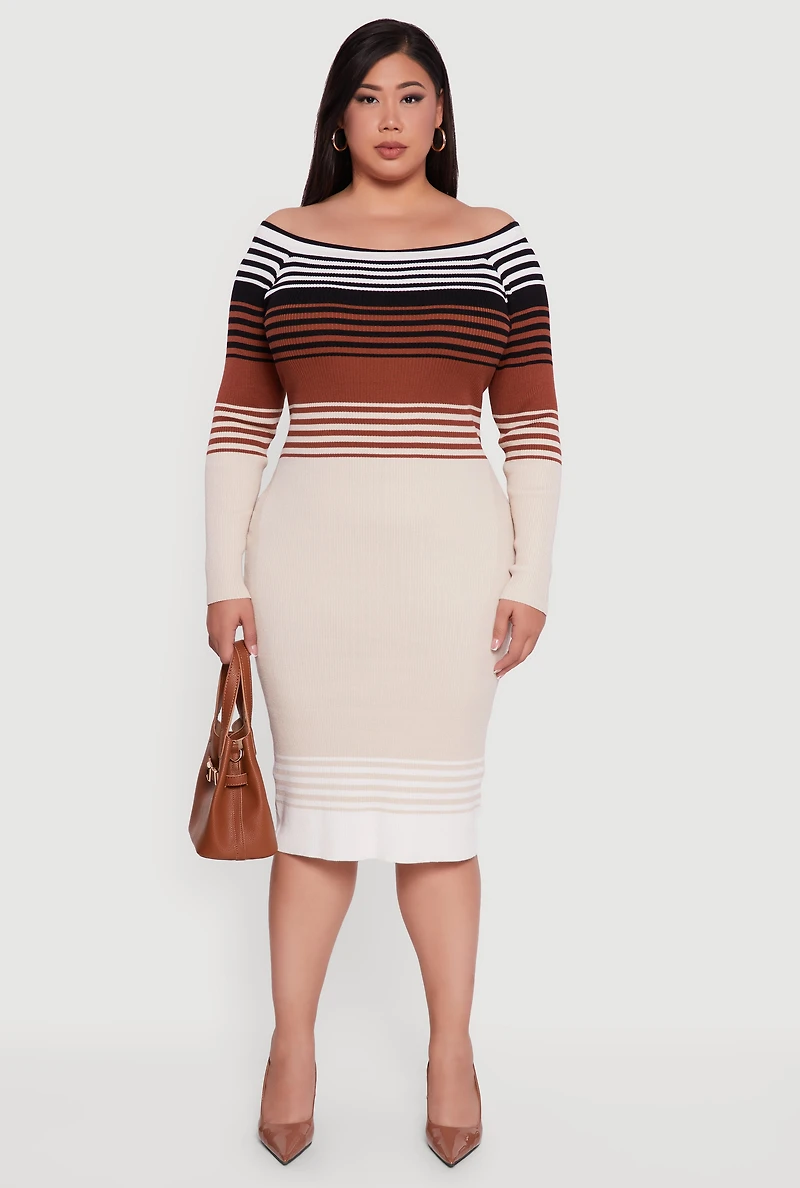Womens Plus Size Striped Off the Shoulder Midi Sweater Dress, Multi, Size 3X