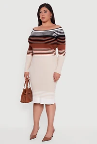 Womens Plus Striped Off the Shoulder Midi Sweater Dress, Multi,