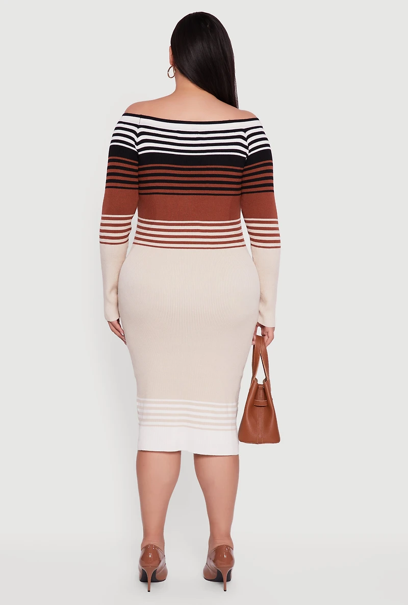 Womens Plus Size Striped Off the Shoulder Midi Sweater Dress, Multi, Size 3X