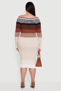 Womens Plus Size Striped Off the Shoulder Midi Sweater Dress, Multi, Size 3X