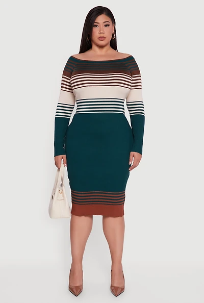 Womens Plus Striped Off the Shoulder Midi Sweater Dress, Multi,