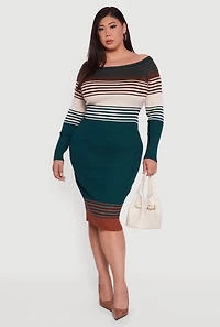 Plus Striped Off the Shoulder Midi Sweater Dress