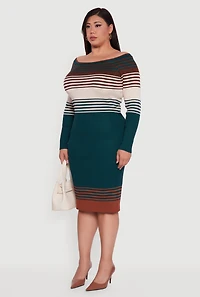 Plus Striped Off the Shoulder Midi Sweater Dress