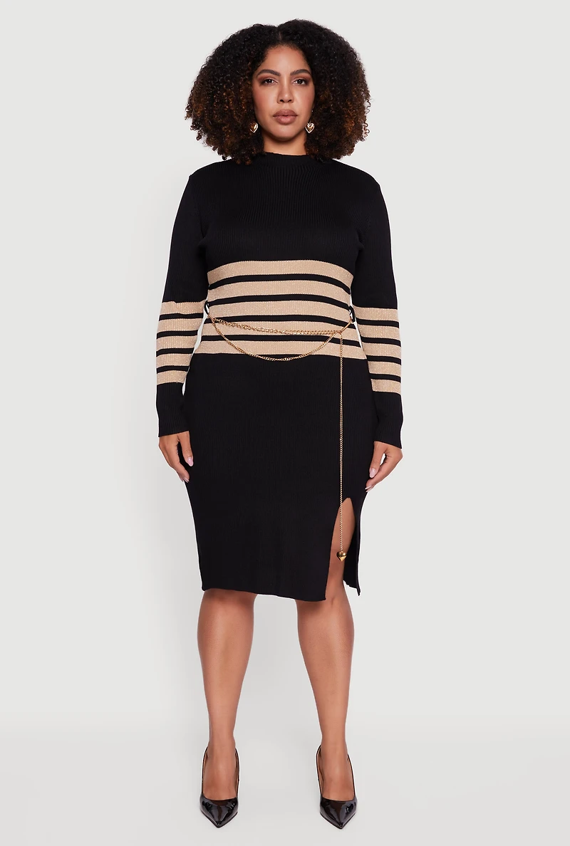 Womens Plus Size Lurex Stripe Detail Sweater Dress with Chain Belt, Black, Size 1X