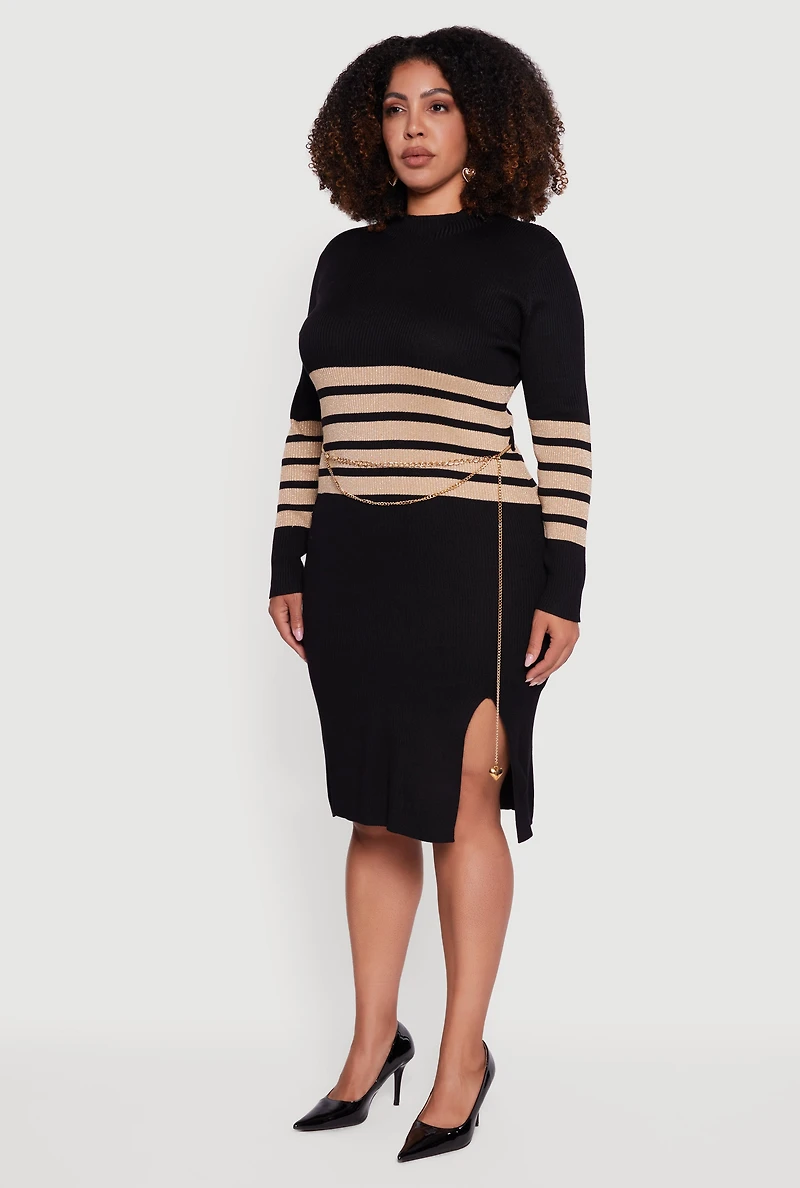 Womens Plus Size Lurex Stripe Detail Sweater Dress with Chain Belt, Black, Size 1X