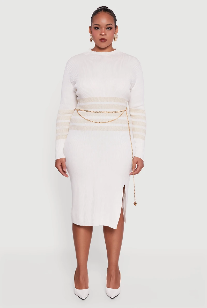 Plus Lurex Stripe Detail Sweater Dress with Chain Belt