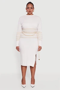 Plus Lurex Stripe Detail Sweater Dress with Chain Belt