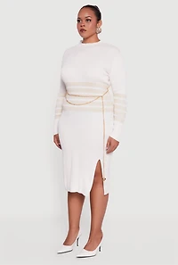 Womens Plus Size Lurex Stripe Detail Sweater Dress with Chain Belt, White, Size 1X