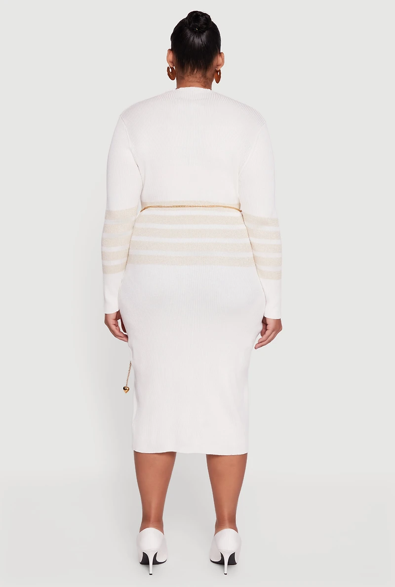 Plus Lurex Stripe Detail Sweater Dress with Chain Belt