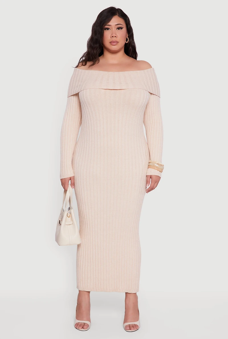Womens Plus Size Rib Knit Fold Over Off the Shoulder Maxi Dress, Beige, Size 3X