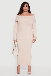 Womens Plus Size Rib Knit Fold Over Off the Shoulder Maxi Dress, Beige, Size 3X