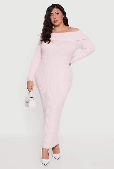 Plus Rib Knit Fold Over Off the Shoulder Maxi Dress