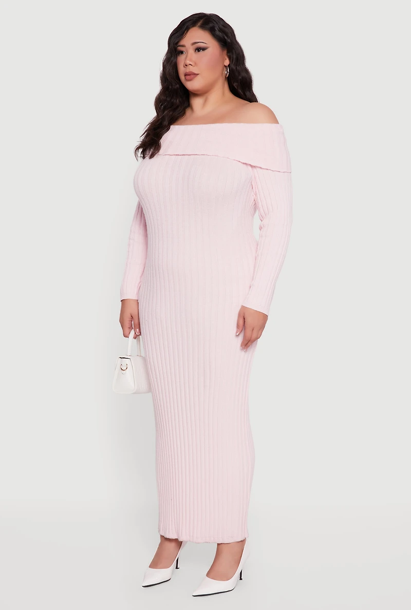 Plus Rib Knit Fold Over Off the Shoulder Maxi Dress