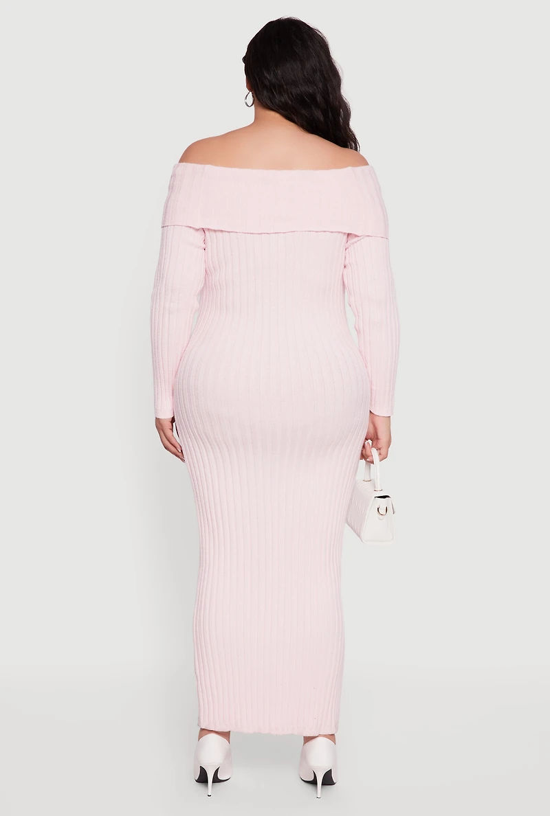 Plus Rib Knit Fold Over Off the Shoulder Maxi Dress