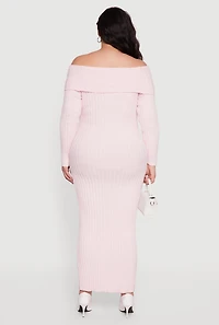 Plus Rib Knit Fold Over Off the Shoulder Maxi Dress