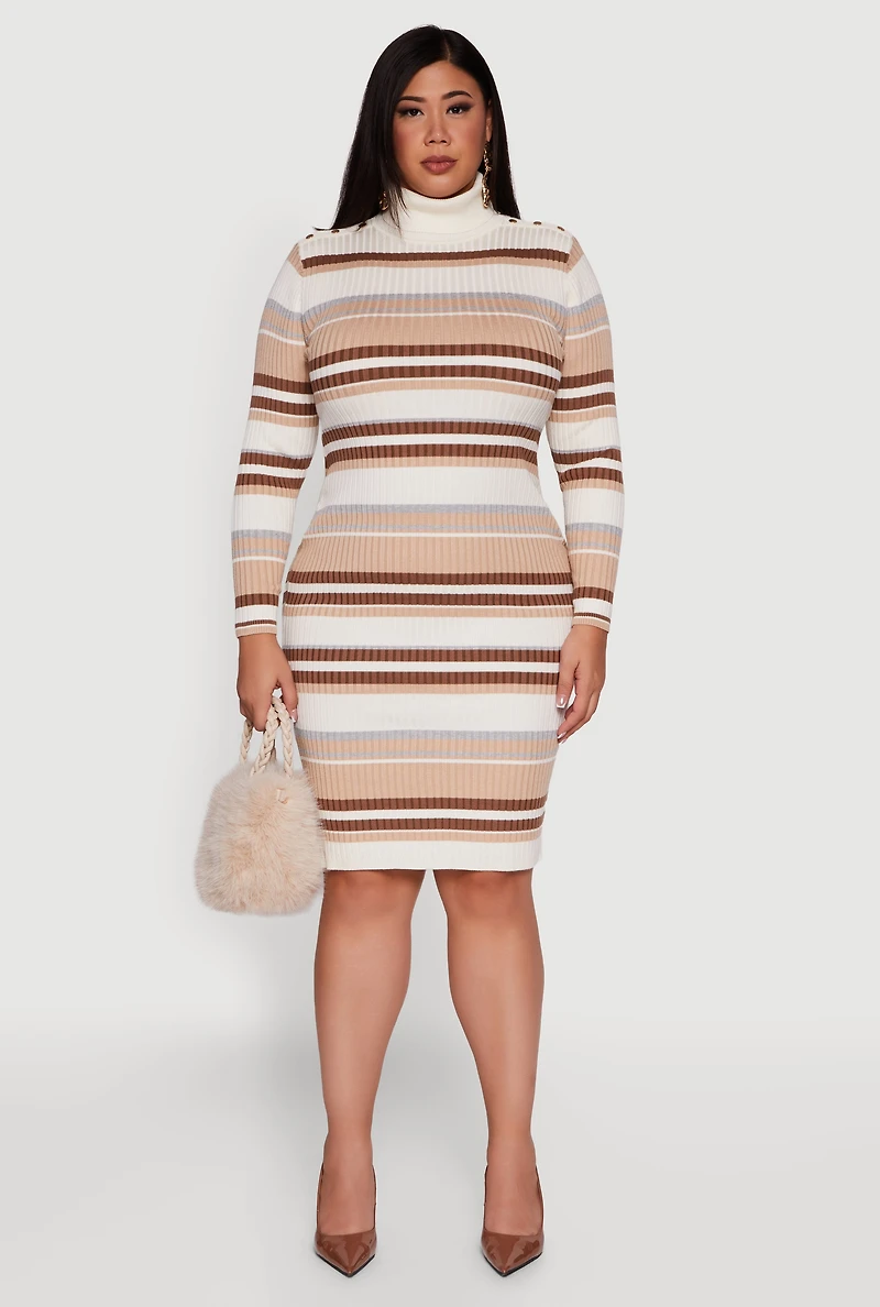 Womens Plus Striped Button Detail Turtleneck Sweater Dress, Beige,