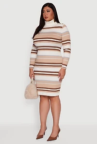 Womens Plus Striped Button Detail Turtleneck Sweater Dress, Beige,