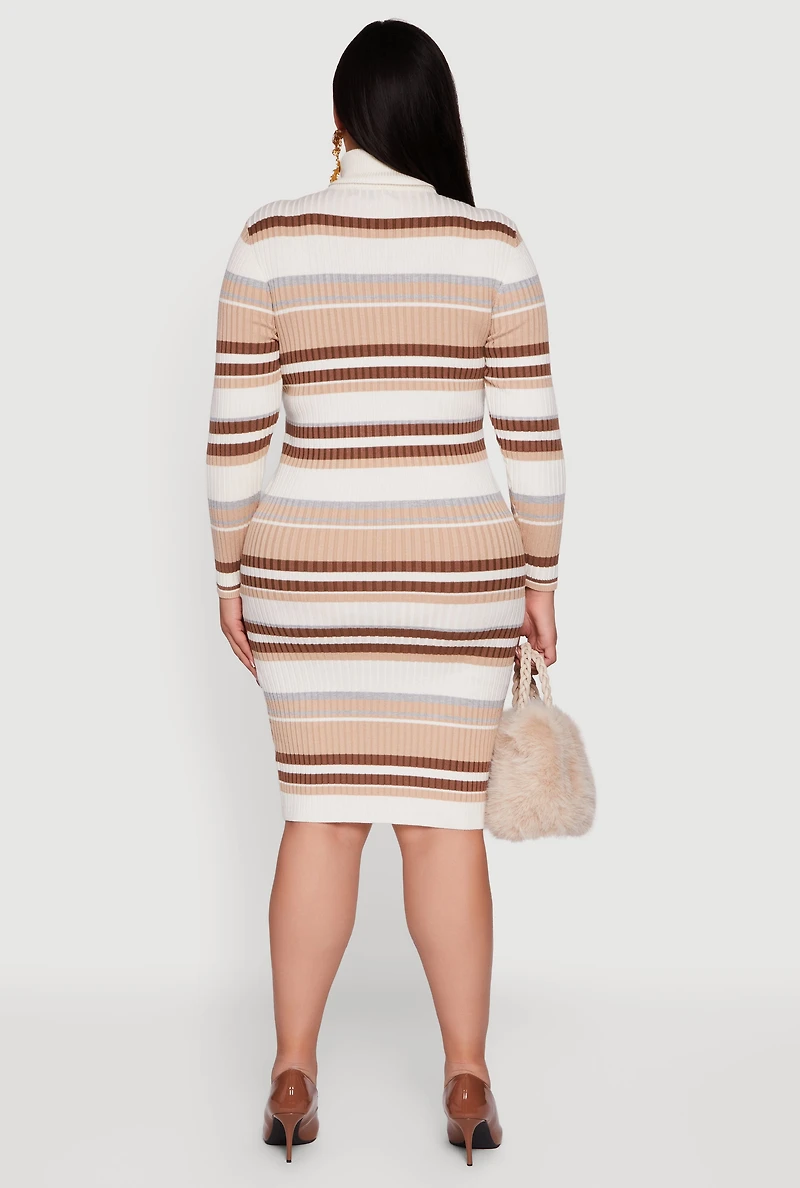 Womens Plus Striped Button Detail Turtleneck Sweater Dress, Beige,