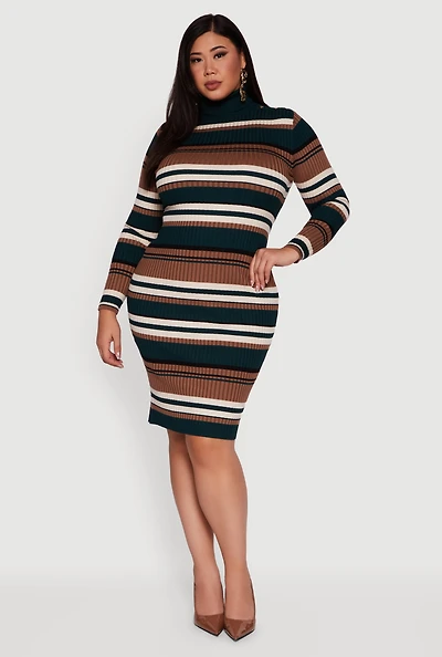 Womens Plus Size Striped Button Detail Turtleneck Sweater Dress, Multi, Size 2X