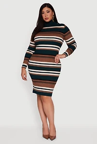 Plus Striped Button Detail Turtleneck Sweater Dress