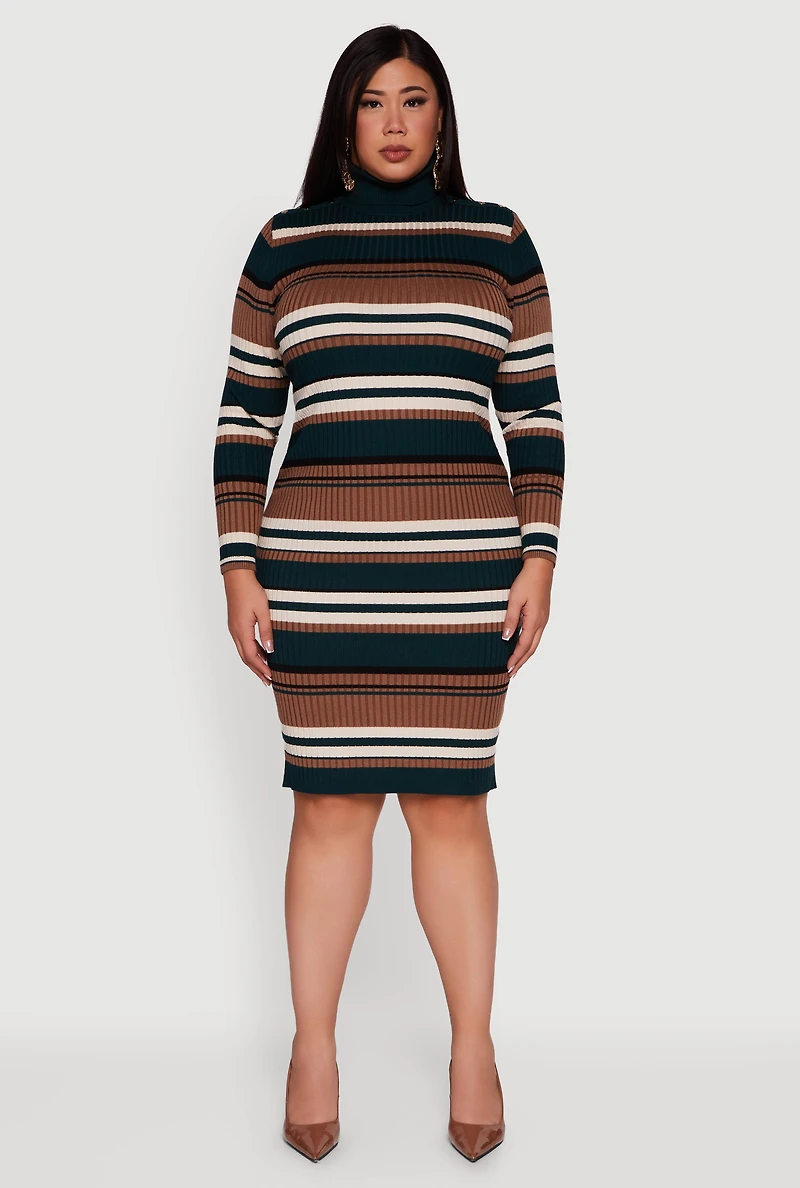 Womens Plus Size Striped Button Detail Turtleneck Sweater Dress, Multi, Size 2X