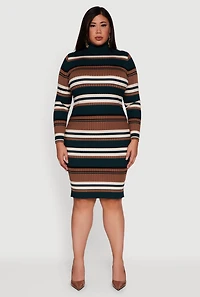 Womens Plus Size Striped Button Detail Turtleneck Sweater Dress, Multi, Size 2X