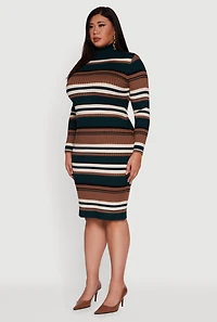 Womens Plus Size Striped Button Detail Turtleneck Sweater Dress, Multi, Size 2X