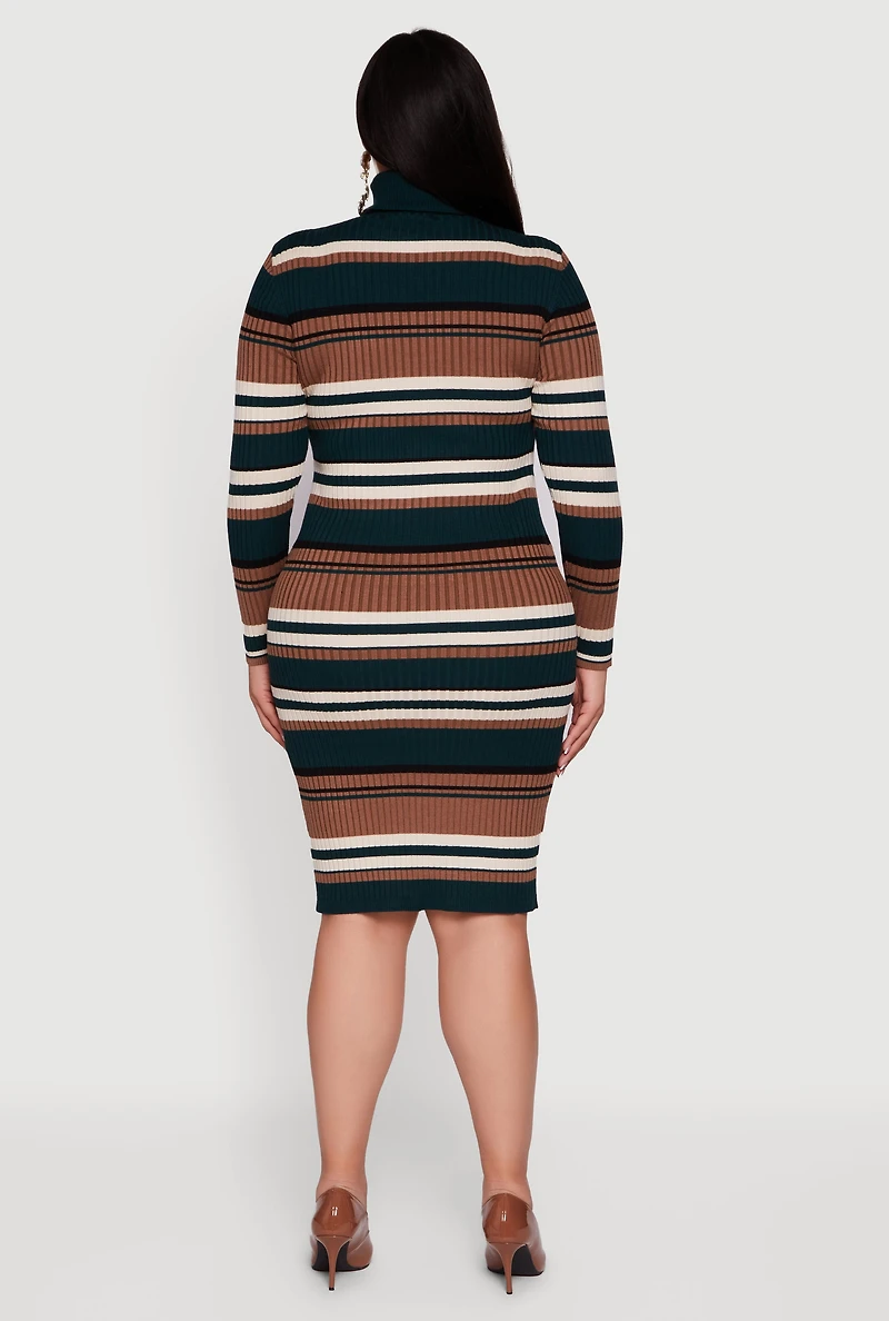 Womens Plus Size Striped Button Detail Turtleneck Sweater Dress, Multi, Size 2X
