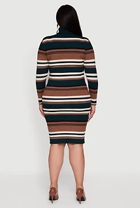 Womens Plus Size Striped Button Detail Turtleneck Sweater Dress, Multi, Size 2X
