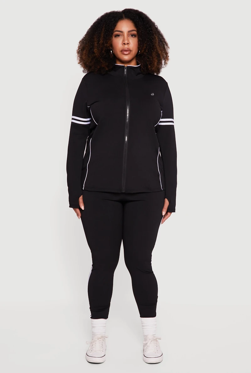 Womens Plus Mock Neck Zip Front Active Jacket with Thumb Holes,