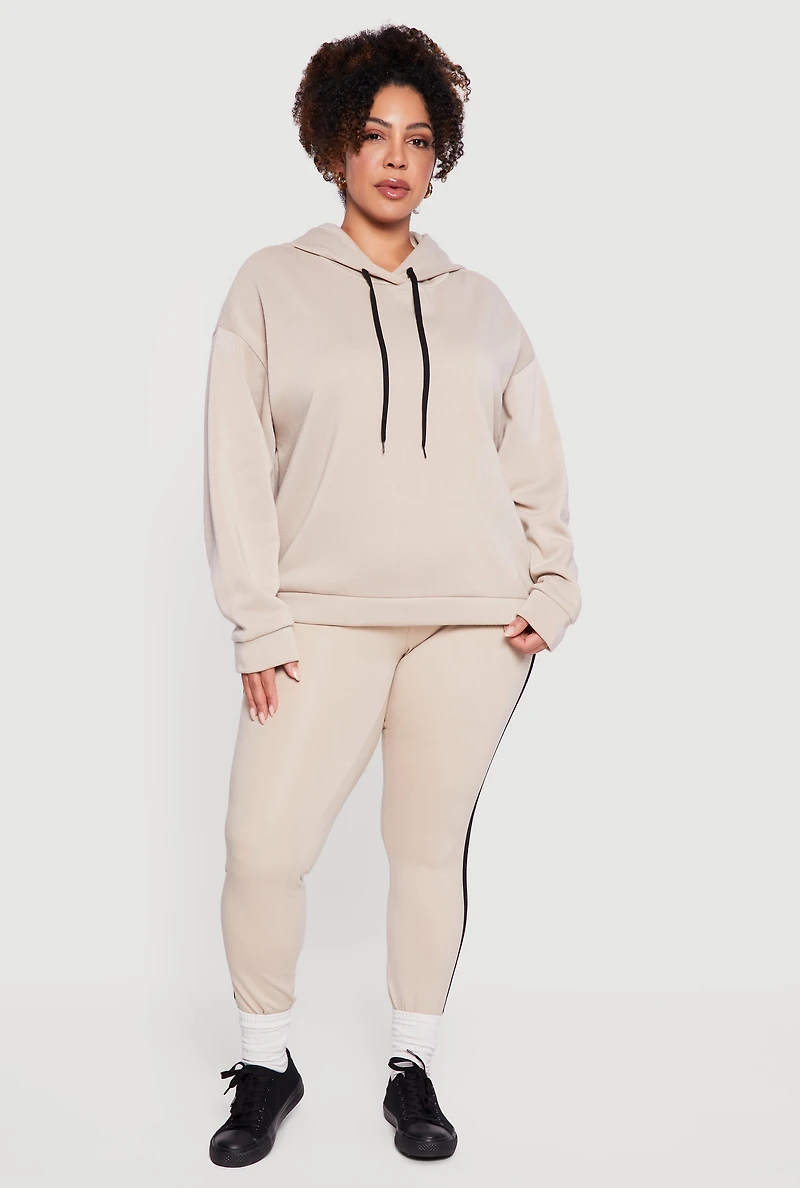 Womens Plus Size Drawstring Hooded Drop Sleeve Sweatshirt, Beige, Size 1X