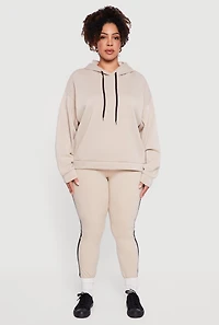 Womens Plus Size Drawstring Hooded Drop Sleeve Sweatshirt, Beige, Size 1X