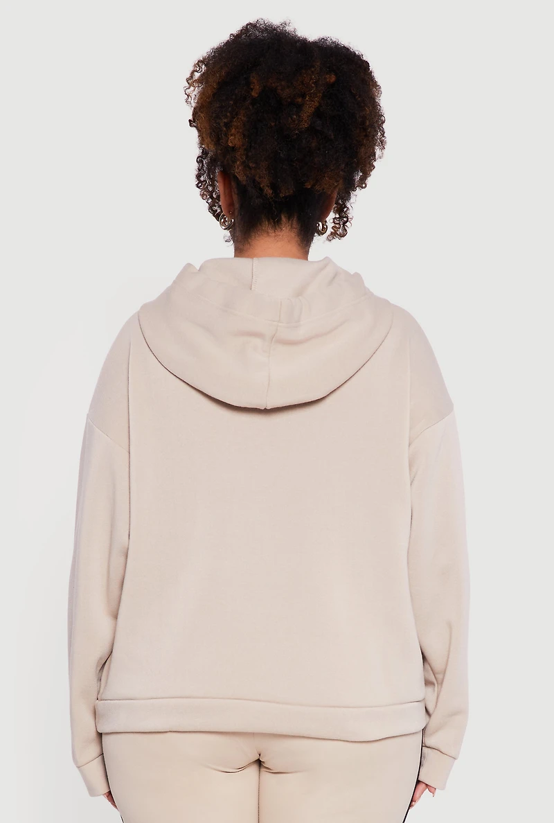 Womens Plus Size Drawstring Hooded Drop Sleeve Sweatshirt, Beige, Size 1X