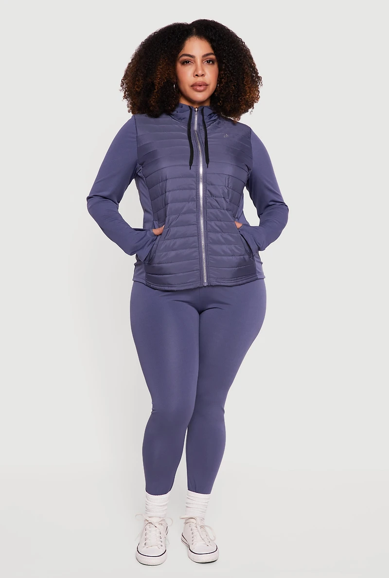 Womens Plus Lightweight Puffer Detail Hooded Zip Front Jacket, Blue,