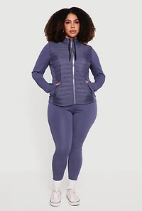 Womens Plus Lightweight Puffer Detail Hooded Zip Front Jacket, Blue,