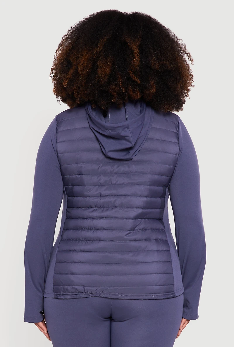 Womens Plus Lightweight Puffer Detail Hooded Zip Front Jacket, Blue,