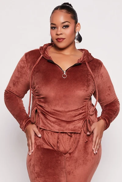 Womens Plus Size Velour Ruched Half Zip Hoodie, Brown, Size 1X