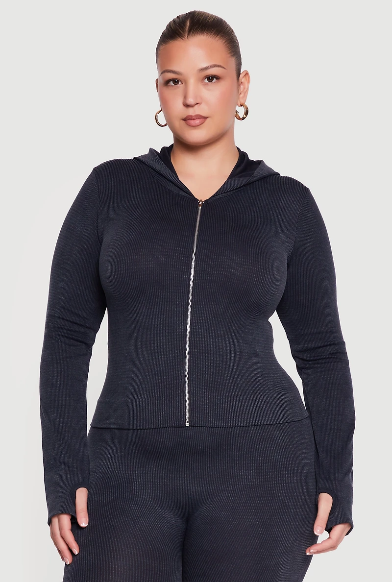 Plus Acid Wash Ribbed Hooded Jacket with Thumb Holes
