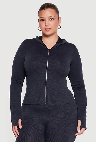 Plus Acid Wash Ribbed Hooded Jacket with Thumb Holes