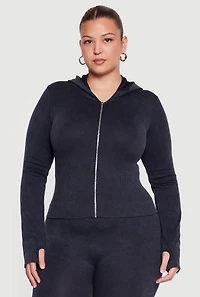 Plus Acid Wash Ribbed Hooded Jacket with Thumb Holes