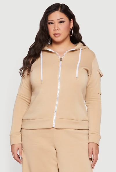Plus Long Sleeve Zip Front Hoodie with Cargo Pocket