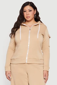 Plus Long Sleeve Zip Front Hoodie with Cargo Pocket