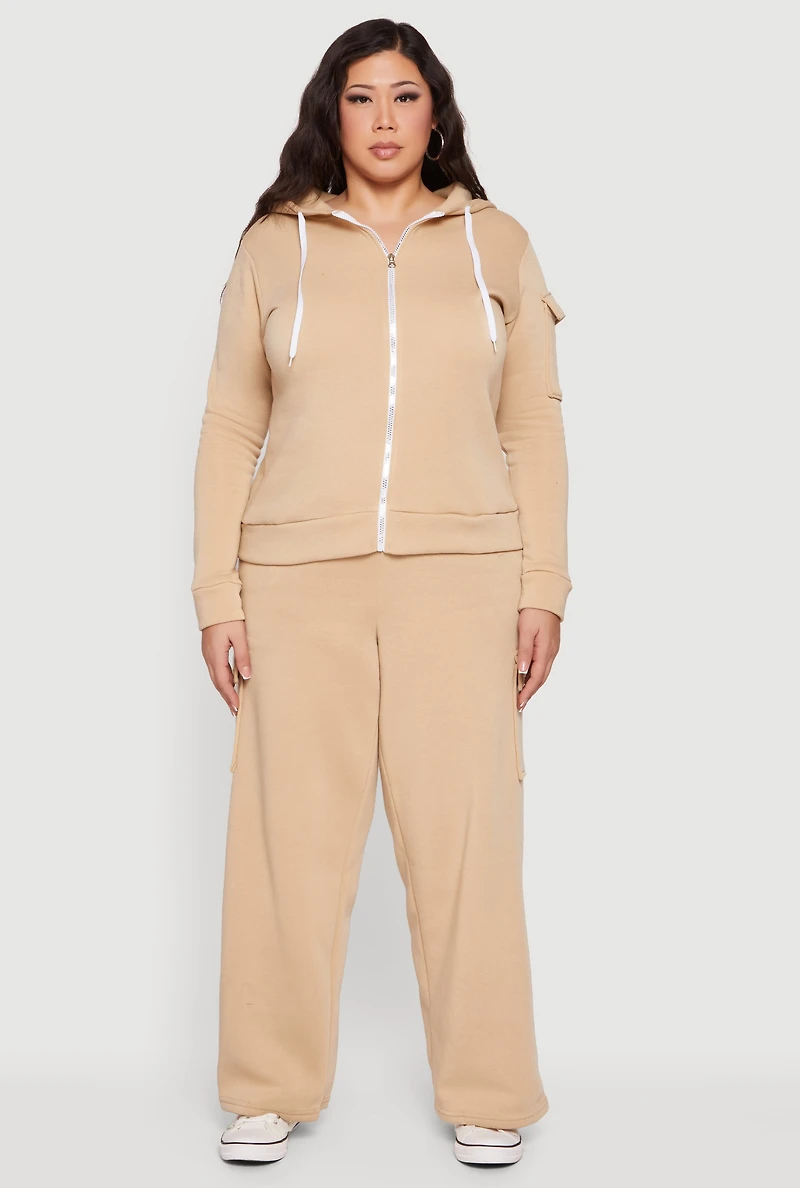 Plus Long Sleeve Zip Front Hoodie with Cargo Pocket