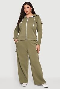 Womens Plus Size Long Sleeve Zip Front Hoodie with Cargo Pocket, Green, Size 1X